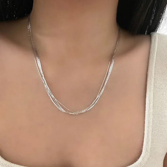 925 Sterling Silver Multi Layer Necklace Thin Herringbone Chain Necklace - Picture 2 of 3
